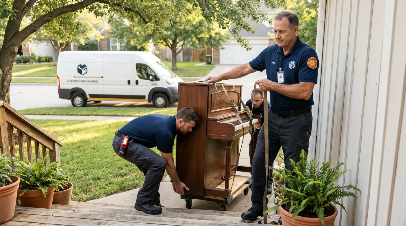 Licensed piano movers securing grand piano in Mantachie, MS