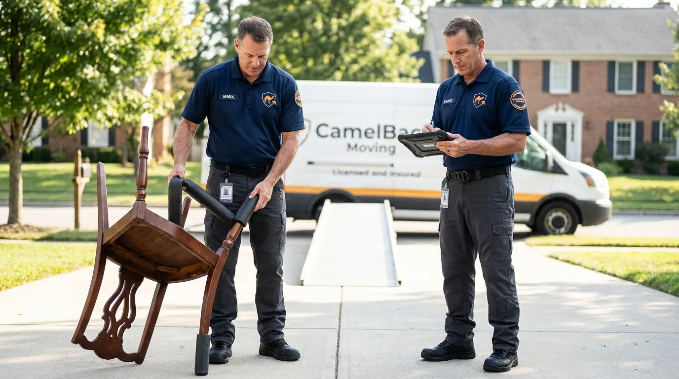 Movers inspecting furniture for damage prevention before loading in Mantachie, MS
