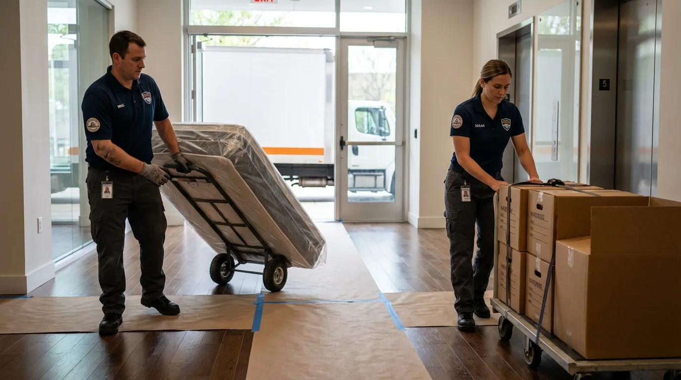 Professional apartment movers loading elevator in Mantachie, MS